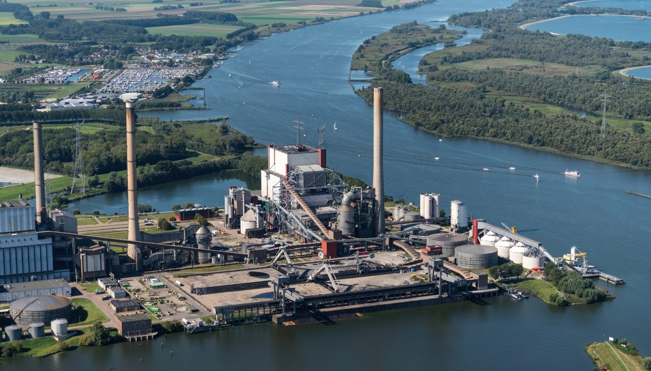 Aerial view of a coal and biomass fired powerplant at river Amer near Geertruidenberg, in The Netherlands.