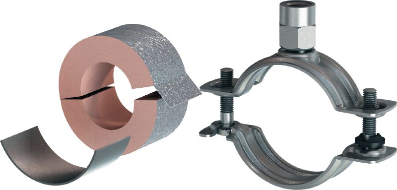 MI-CF LS Refrigeration pipe clamps Standard galvanized pipe clamp with load sharing for refrigeration applications with a variety of insulation thicknesses